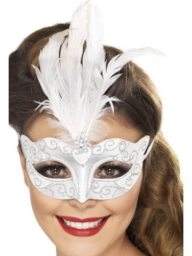 Venetian Glitter Eyemask with Feathers - Silver