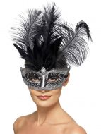 Venetian Colombina Eyemask Grey with Black Plumes