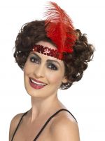 Flapper Headband, Red, with Feather